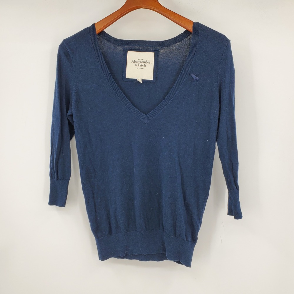 Abercrombie & Fitch Y2K Blue V Neck 3/4 Sleeve Knit Sweater M Goth Grunge Prep
